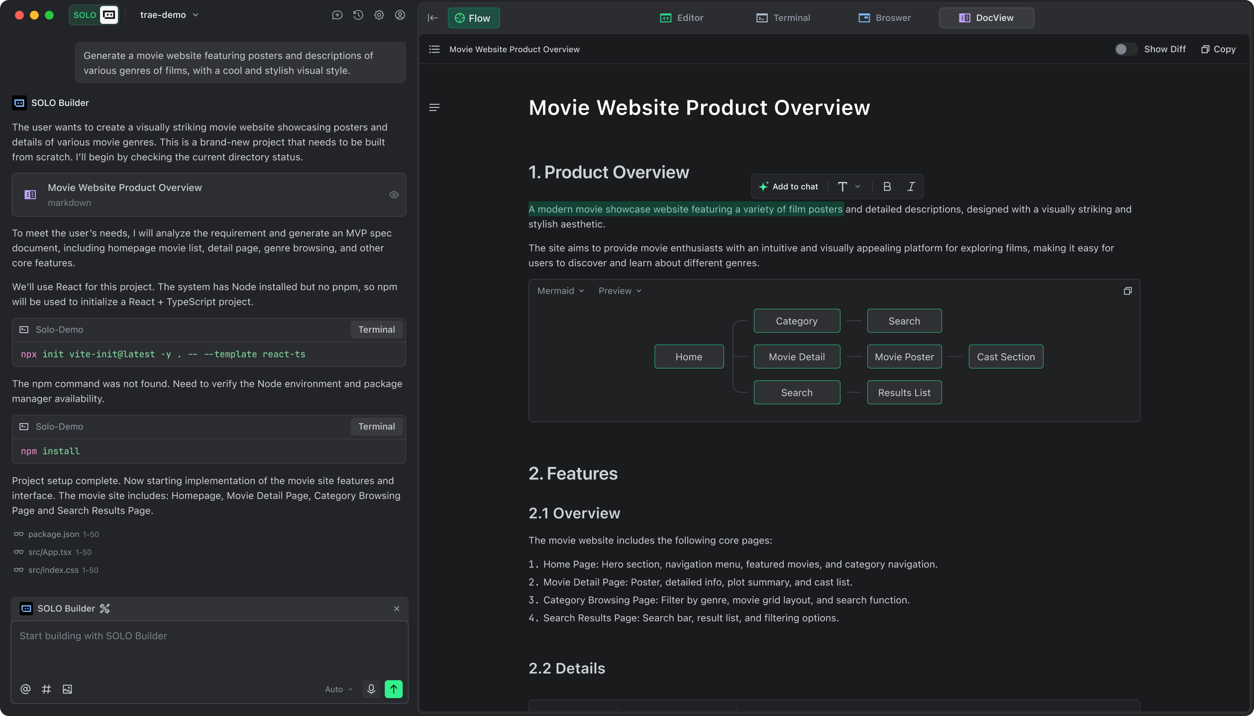 Development environment showing SOLO Builder interface with movie website project documentation